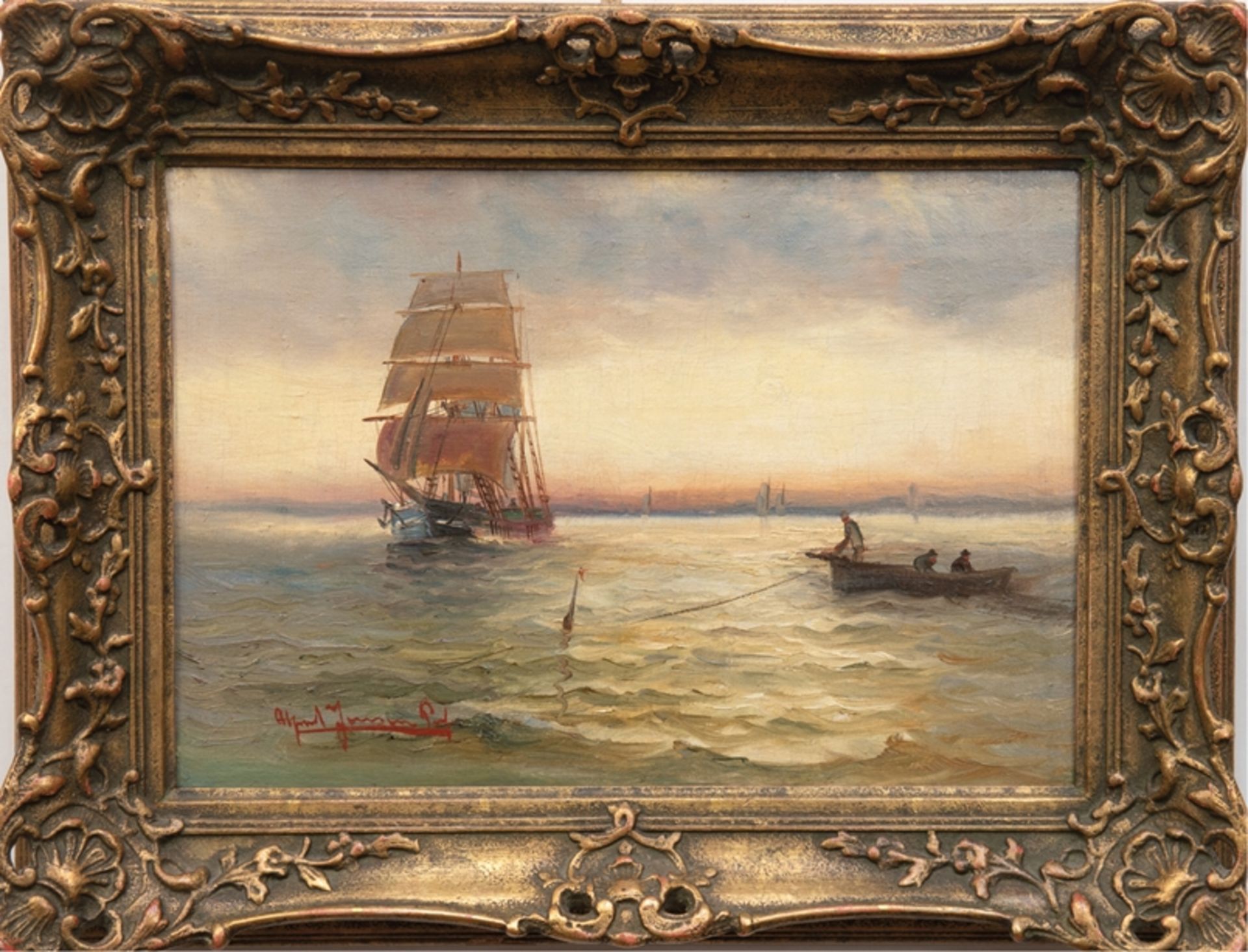 Jensen, Alfred Prof. (1859 Randers- 1935 Hamburg) "Segelschiff auf Elbe", Öl/Lw., doubliert, sign.