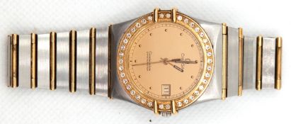 Damenchronometer "Omega Constellation", Quarzwerk, Stahl und 750er GG-Lünette besetzt mit Brillante