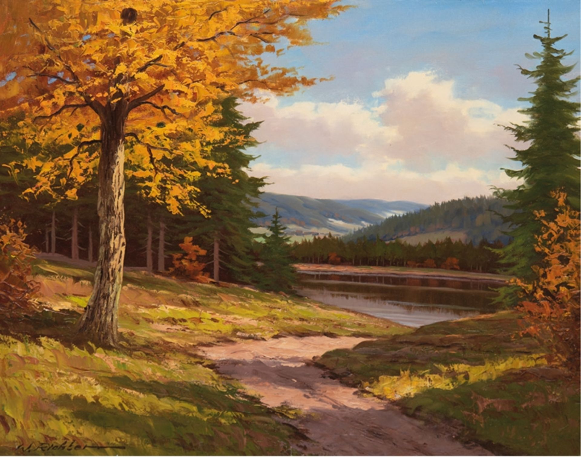 Richter. Walter (1913-1989) "Flußlandschaft im Herbst", Öl/Lw., sign. u.l., 50x60 cm, Rahmen