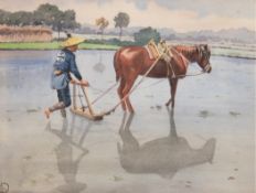 Monogrammist JK "Reisbauer auf dem Feld", Aquarell, Asien, monogr. u.l., 21x26 cm, hinter Glas und 