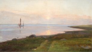 Rüdinger, Prof. Albert (1838 Frederiksberg-1925 Kopenhagen) "Einsamer Segler auf der Ostsee", Öl/Lw