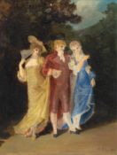 Maler des 19. Jh. "Kavalier mit zwei eleganten Damen im Park", Öl/Lw., sign. E. Calma? und dat. 182