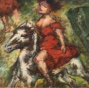 Wolf, Georg (1882 Düsseldorf-1962 Uelzen) "Frau im roten Kleid auf einem Pferd", Öl/Mp., unsign., r