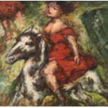 Wolf, Georg (1882 Düsseldorf-1962 Uelzen) "Frau im roten Kleid auf einem Pferd", Öl/Mp., unsign., r