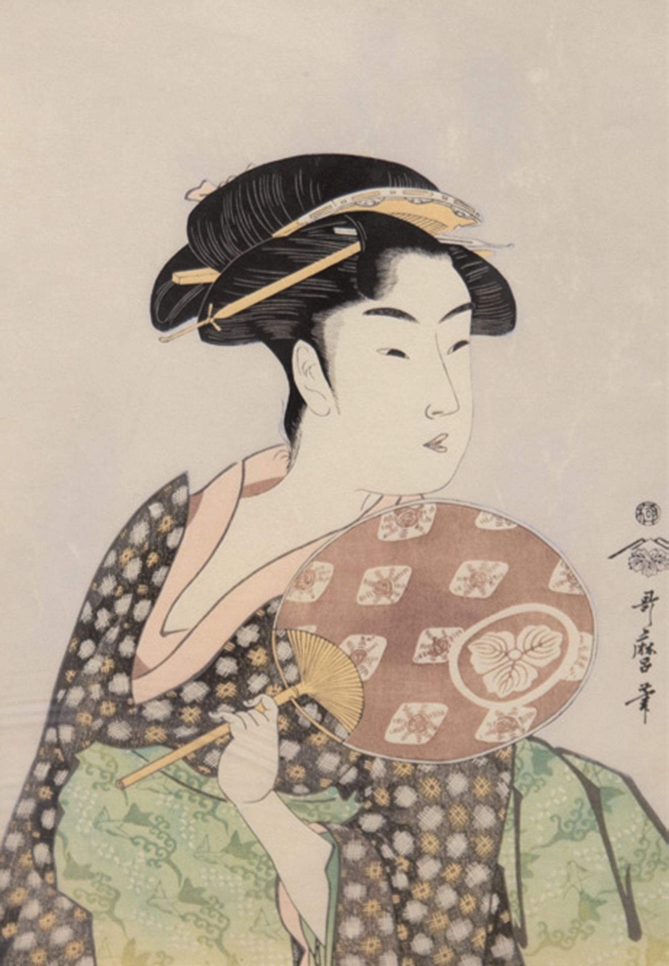 "Halbporträt einer Frau mit Fächer", Japanischer Farbholzschnitt, sign., 38,5x26 cm, im Passepartou
