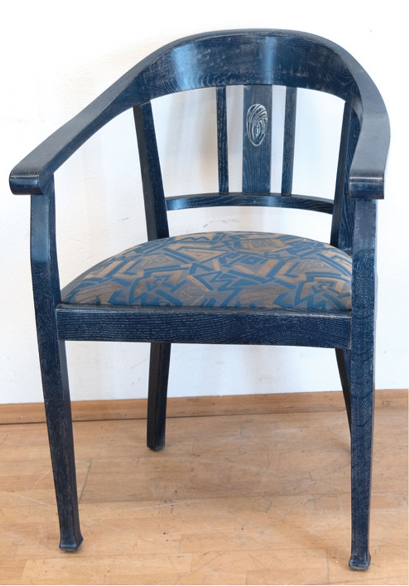 Jugendstil-Schreibtisch und Stuhl, Eiche, blau und Silber gefaßt, Tisch mit rechtsseitiger Tür und 