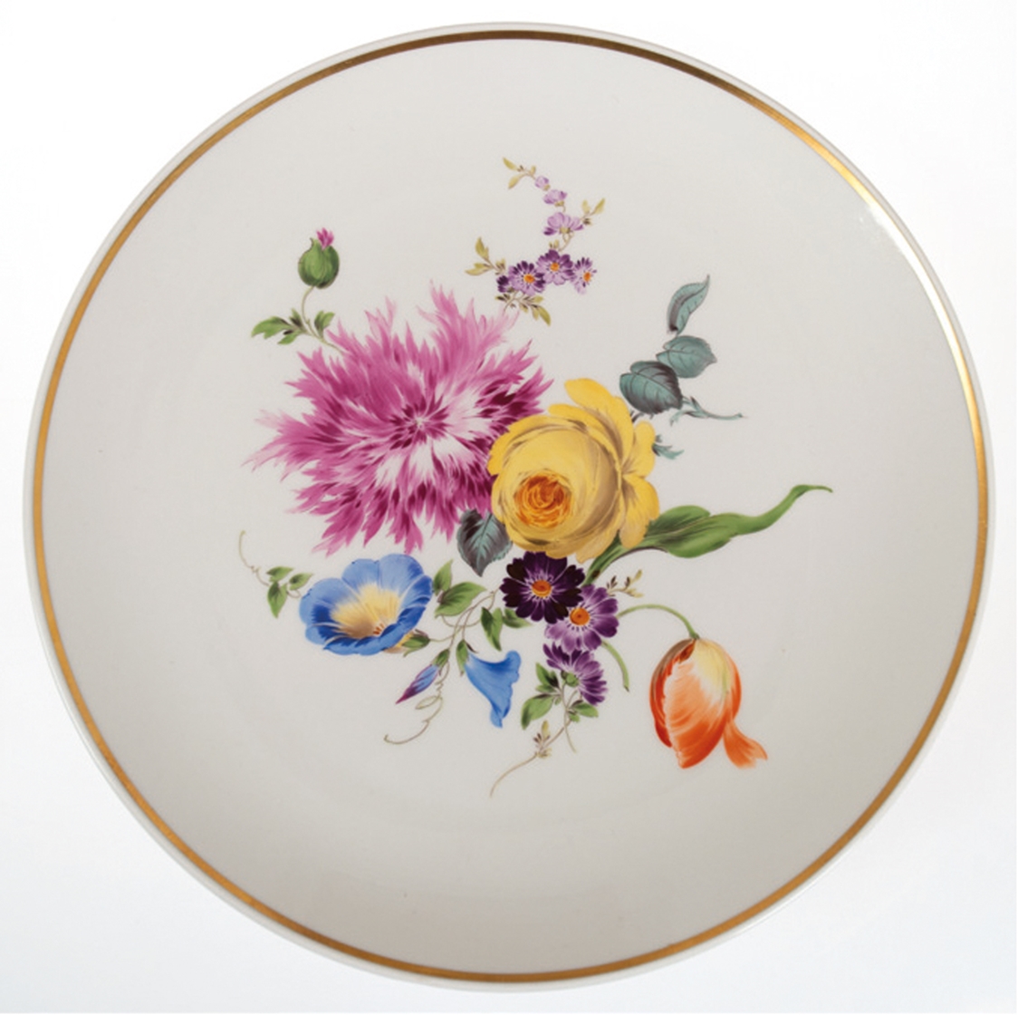 Meissen-Teller, Bunte Blume, Goldrand, 2 Schleifstriche, Dm. 26 cm