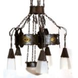 Jugendstil-Deckenlampe, Eisen, bronziert, 6-flammig, mit originalen Glasschirmen, modern elektrifiz