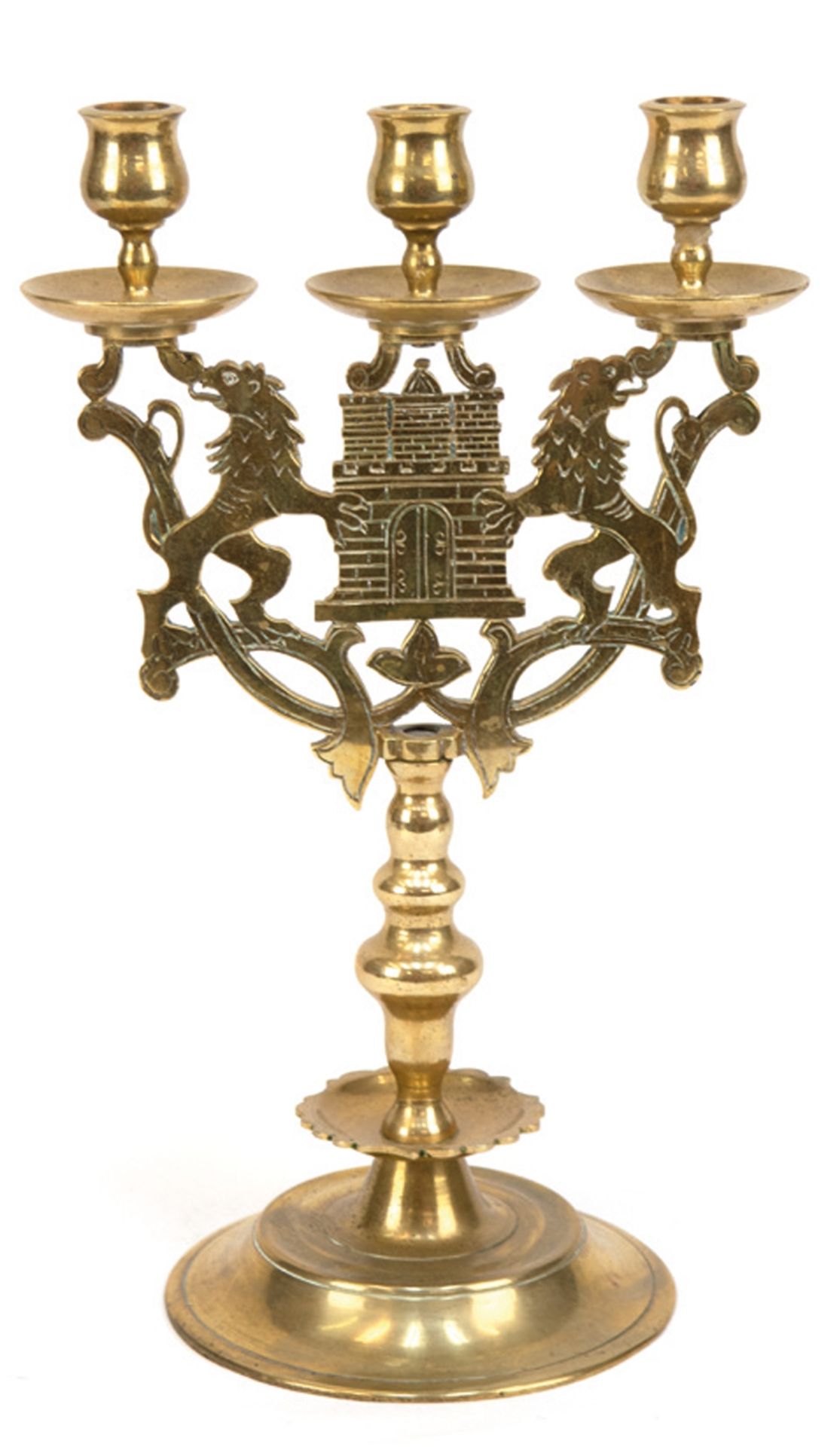 Großer Messing-Leuchter mit Hamburger Wappen, 3-fammig, gegliederter Schaft auf rundem, aufgewölbte
