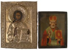 2 Ikonen "Heiliger Nikolaus" und "Christus", 19. Jh., vergoldetes Messing-Oklad, Ei/Tempra/ Holz, 1