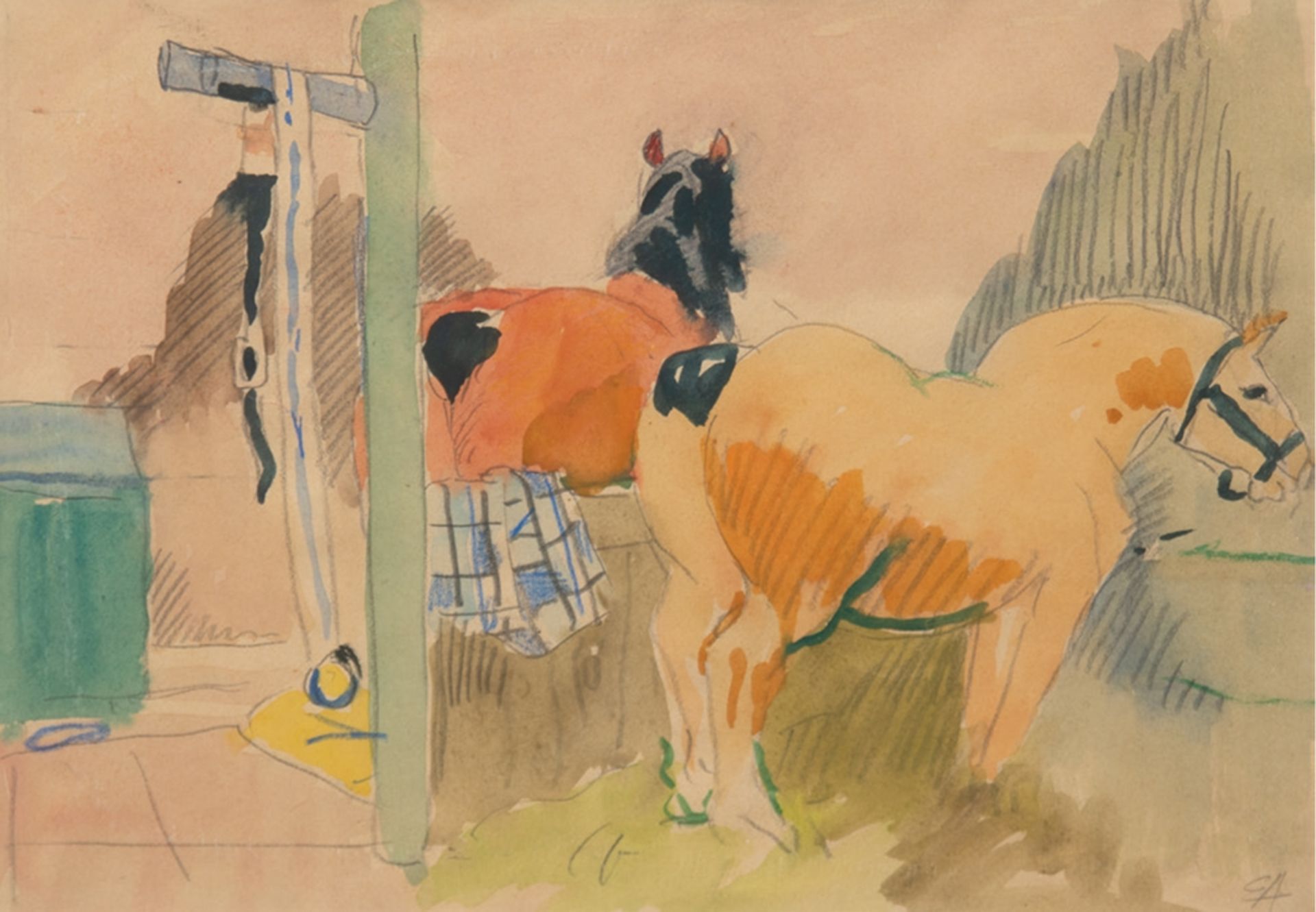 Aigner, Eduard (1903 Neuhaus an der Pegnitz-1978 München) "Pferde im Stall", Aquarell, monogr. u.r.