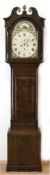 Standuhr, England 19. Jh., Mahagoni, Zangenkopfgiebel, bemaltes  und bez. Metallzifferblatt mit röm