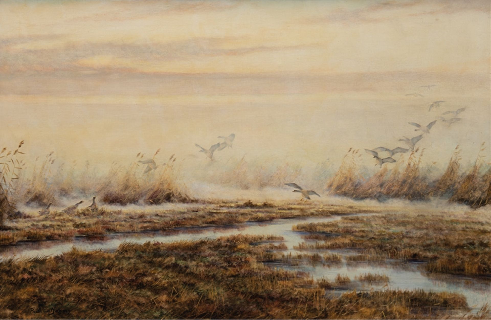 Dahms, Paul Wilhelm (1913 Jüterborg-1988 Dillingen) "Moorlandschaft mit fliegenden Enten", Öl/Lw.,