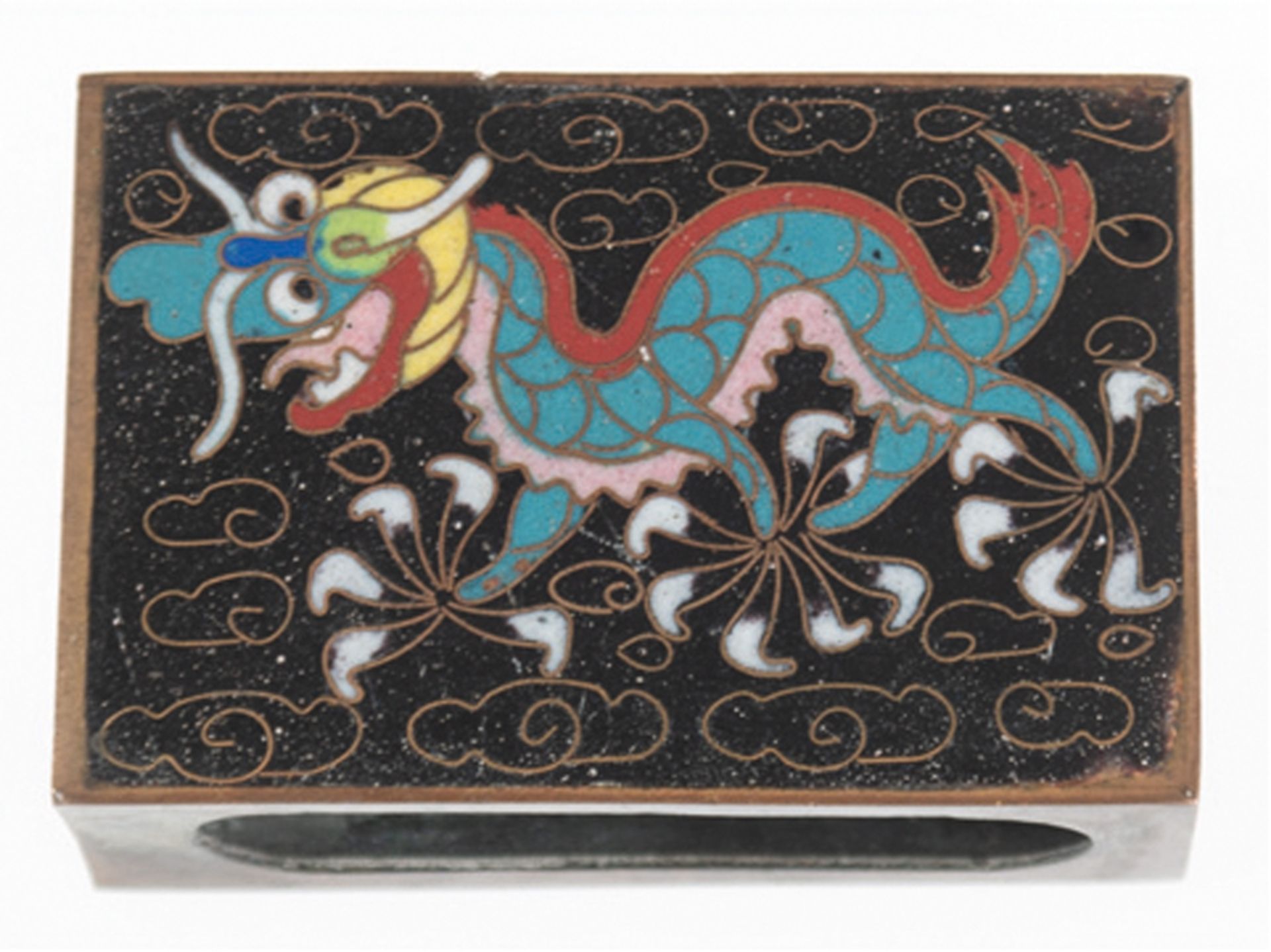 Streichholzschachtelhalter, Cloisonné, China Anfang 20. Jh., Drachen- bzw. Blumendekor auf schwarze - Image 2 of 2