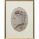 "Damenporträt", Zeichnung um 1900, undeutl. sign. u.r., 18,5x12,5 cm, im ovalen Passepartout hinter