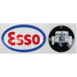 2 Emaille-Schilder "Esso", ovale Form, leicht gewölbt, L. 16,5 cm und "Morgan", runde Form, gewölbt