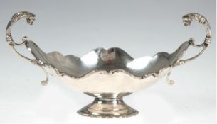 Kleine Tischjardiniere,  925er Silber, ovale Schale mit gewelltem Rand auf ovalem Fuß, seitl. hochg