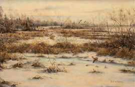 Dahms, Paul Wilhelm (1913 Jüterborg-1988 Dillingen) "Wildenten in Winterlandschaft", Öl/Lw., sign. 