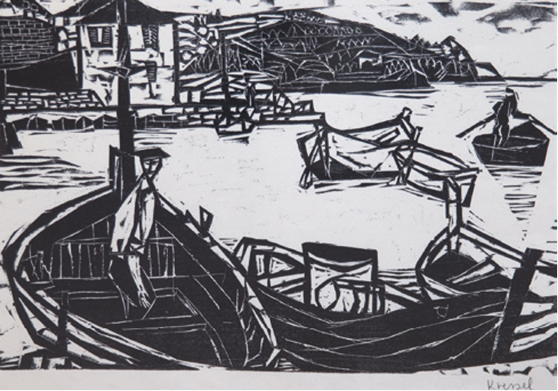 Kressel, Dieter (1925-2015) "Hafen von Venere-Italien", Holzschnitt, handsign. u.r., 30,5x41,5 cm, 