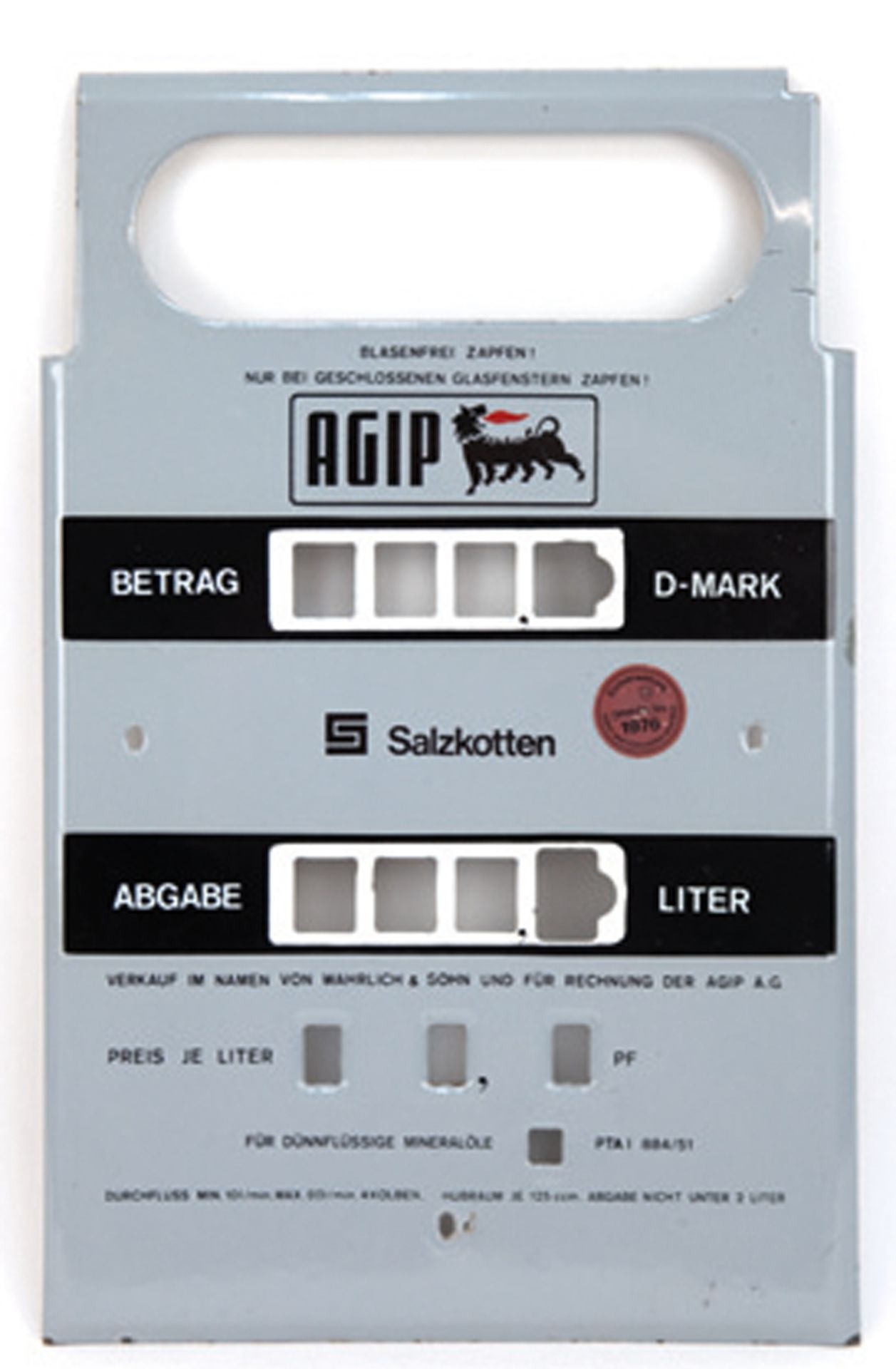 Emaille-Schild "Zapfsäulenabdeckung AGIP", grau, Betrag in D-Mark, geeicht bis 1976, Gebrauchspuren