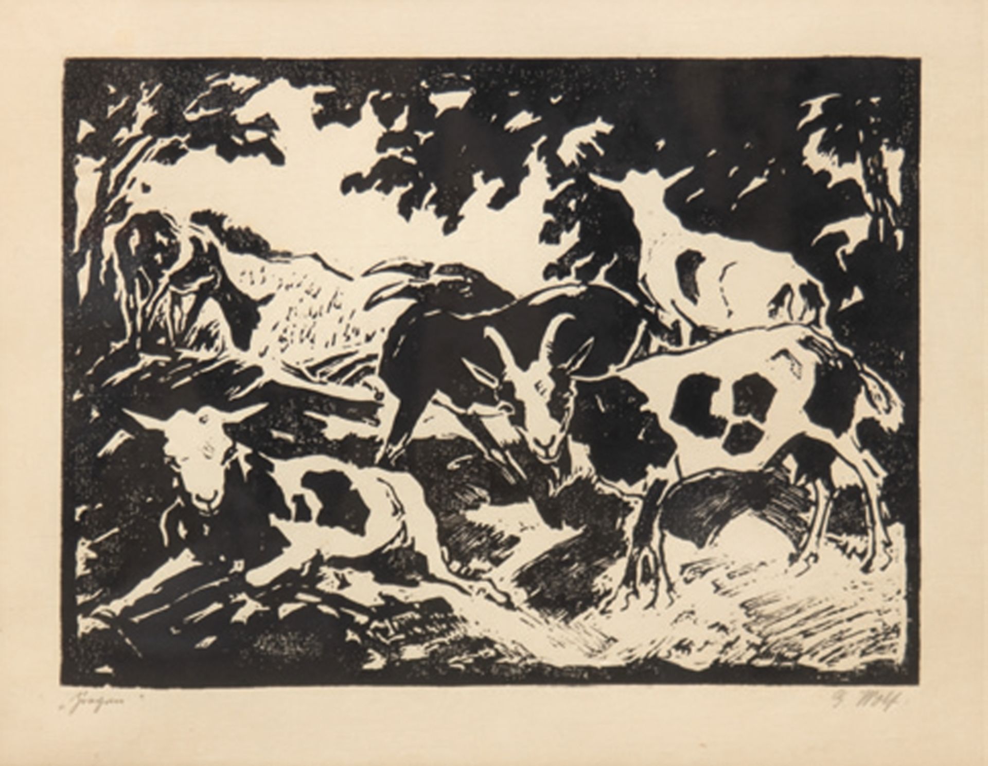 Wolf, Georg (1882 Düsseldorf-1962 Uelzen) "Ziegen", Radierung, sign. u.r. und bez. u.l., 28x37 cm, 