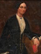 Maler des 19. Jh. "Porträt einer Dame mit Buch", Öl/ Lw., mehrere Hinterlegungen, craqueliert, 35x3