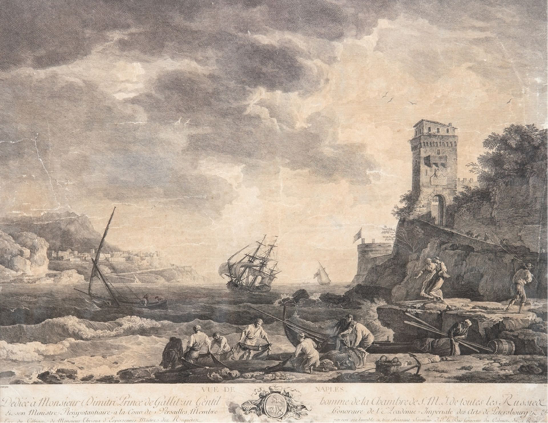Le Bas, Jacques Philippe (1707-1783) "Blick auf Neapel-Vue de Naples", Kupferstich 18. Jh., nach Ve