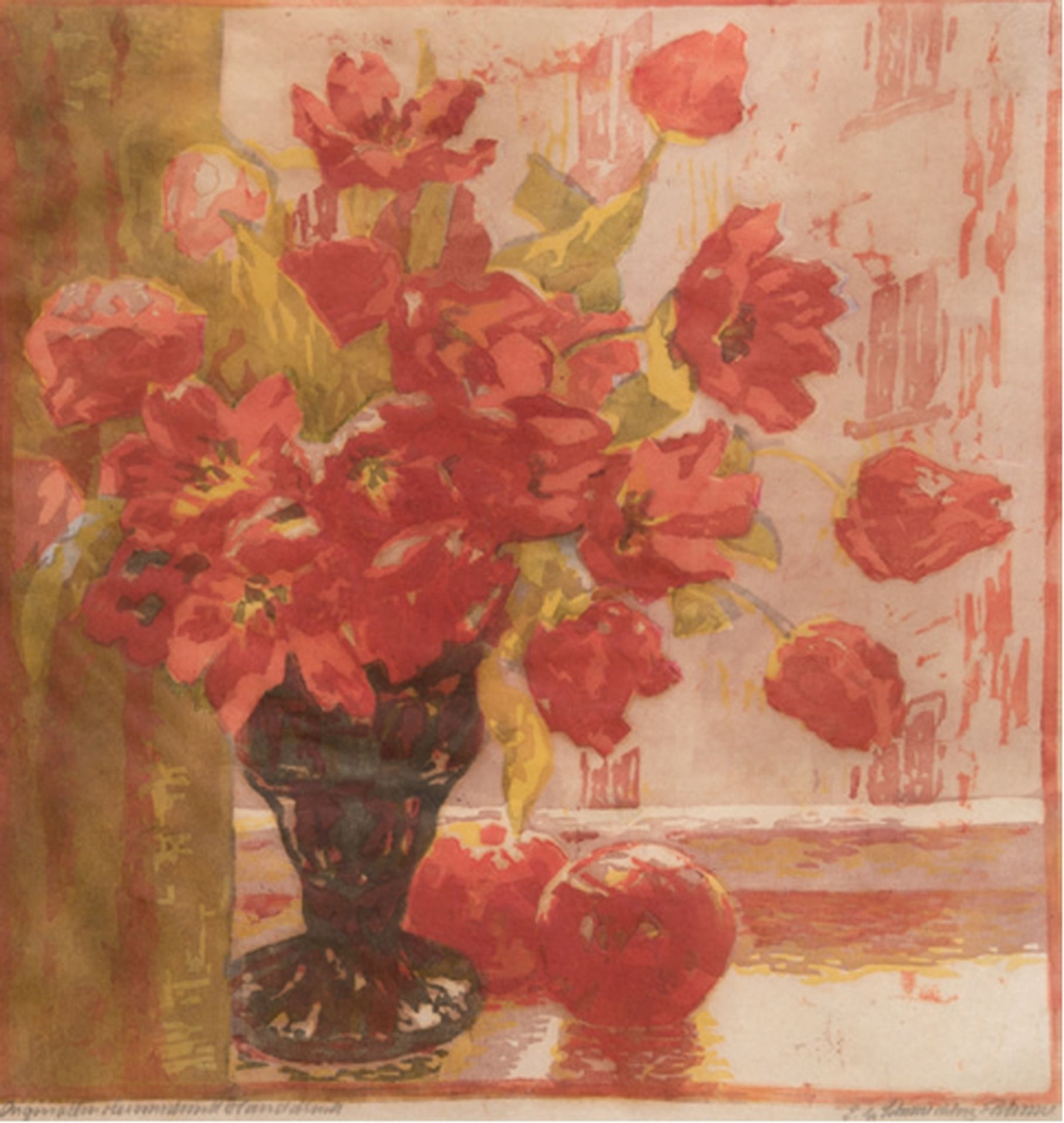 Schmiedeberg-Blume, Else (1876 Worbis/Thueringen-nach1927) "Tulpen in der Vase", Org. Linolschnitt,