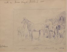 Koch, Georg (1857 Berlin- 1936 ebenda) "Pferde im Stall", Zeichnung, unsign., mit Randnotizen, rück