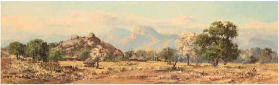 Klar, Otto (1908- 1994) "Landschaft in Südafrika mit Rondavels", Öl/Hf., sign. u.l., 21x63 cm, Rahm