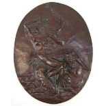 Bronze-Relief, figürliche Darstellung einer jungen Frau und 2 Satyre, oval, 24x18,5 cm