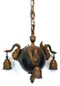 Deckenlampe im Empirestil,  Frankreich um 1900, 3-flammig, mittige Kugel mit 3 geschwungenen Armen 