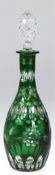 Karaffe, Kristall, grüner Überfang mit Floral- und Ornamentschliff, farbloser Stopfen, H. 31,5 cm