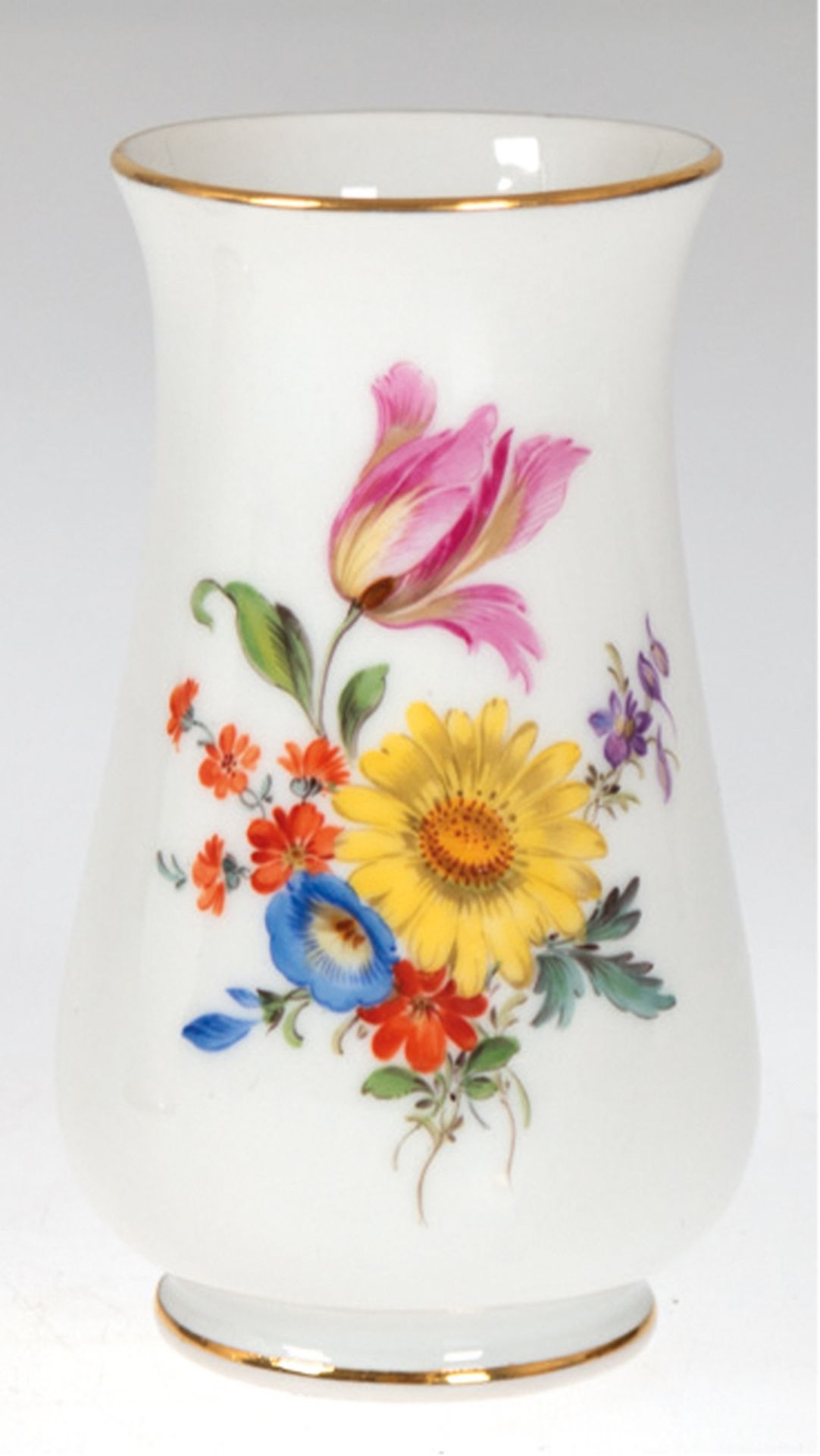 Meissen-Vase, Buntes Blumenbukett, Goldrand, 1. Wahl, H. 11 cm