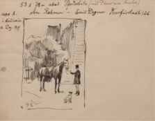 Koch, Georg (1857 Berlin- 1936 ebenda) " Pferd mit Diener", Federzeichnung, monogr. u.l., mit Randn