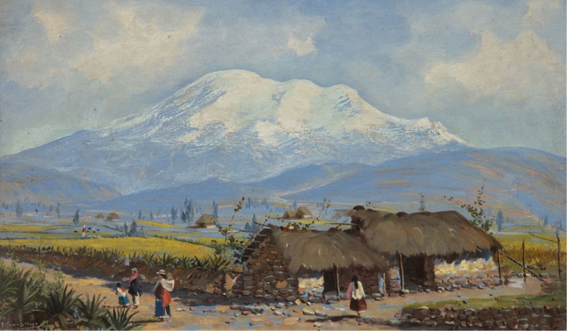 "Indianerdorf in Ecuador im Hintergrund der Cotopaxi", Öl/ Mp., undeutl. sign. u.l., 33x52 cm