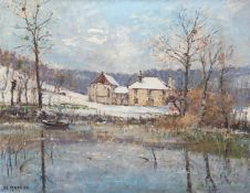 Masson, R. "Winterlandschaft mit Gehöft am See", Öl/Lw., sign. u.l., 54,5x65 cm, Rahmen