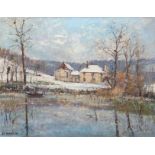 Masson, R. "Winterlandschaft mit Gehöft am See", Öl/Lw., sign. u.l., 54,5x65 cm, Rahmen