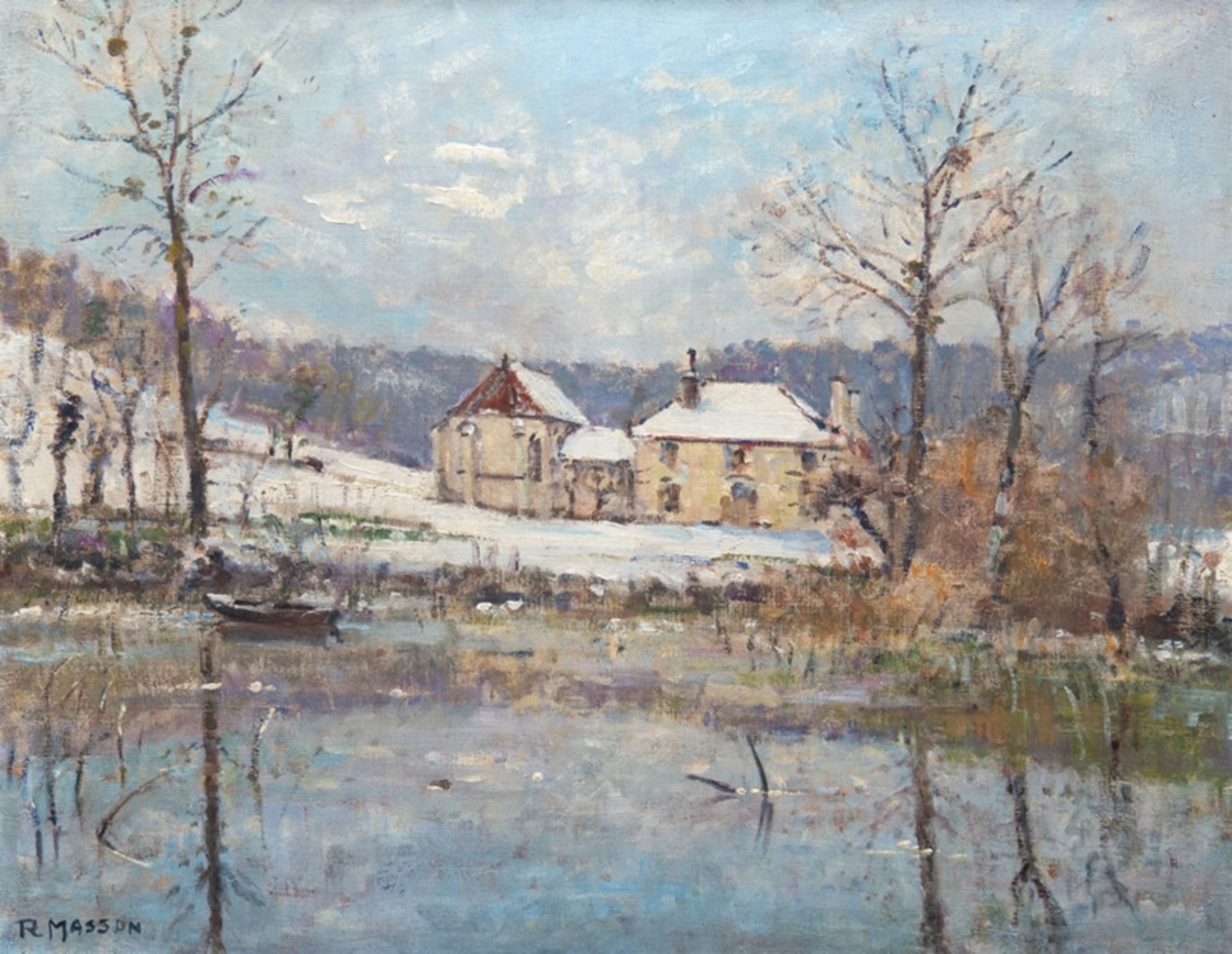 Masson, R. "Winterlandschaft mit Gehöft am See", Öl/Lw., sign. u.l., 54,5x65 cm, Rahmen