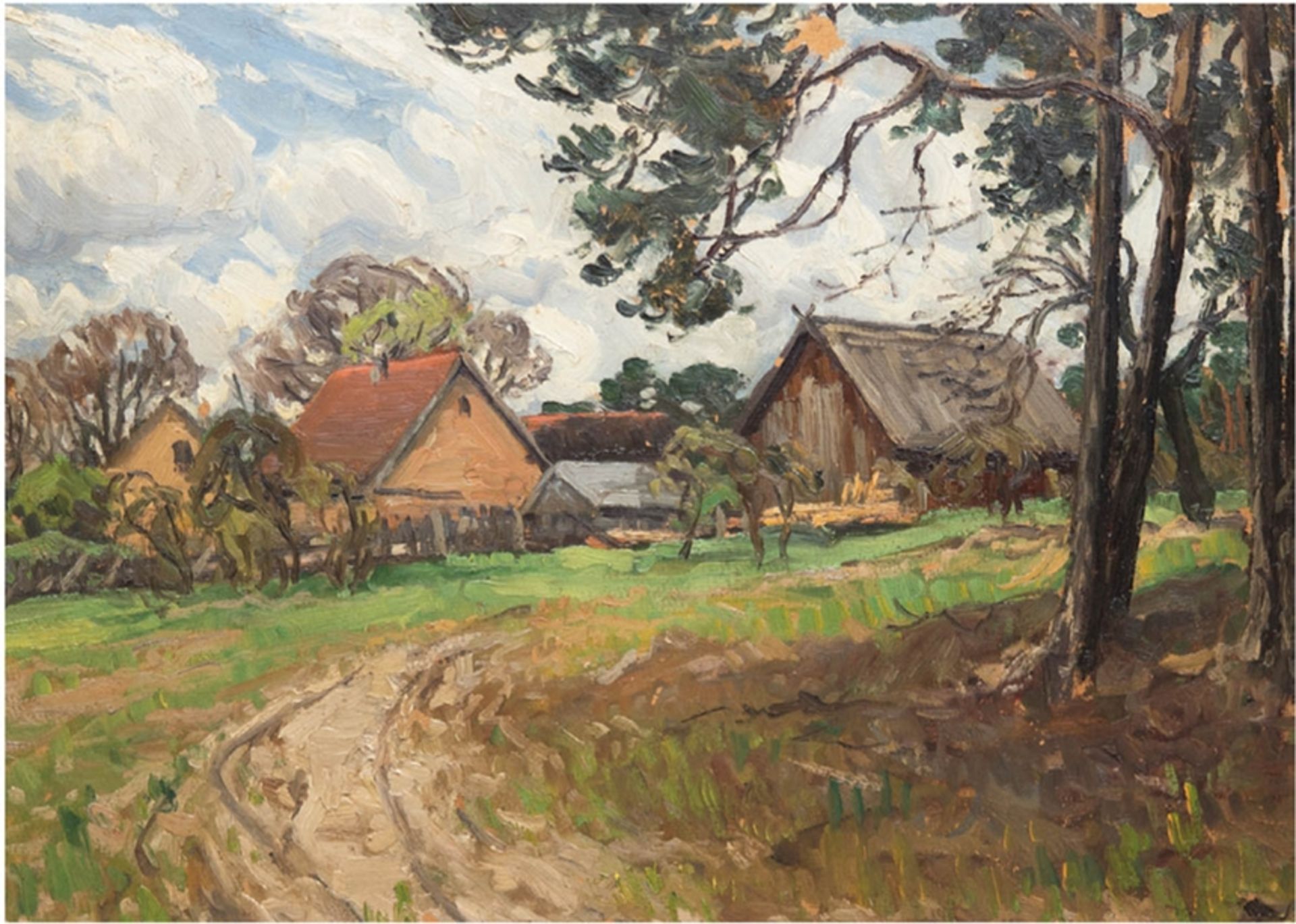 "Sommerliches Gehöft", Öl/Karton, undeutl. monogr.u.r., kl. Farbabplatzungen o.r., 42x57,5 cm, Rahm