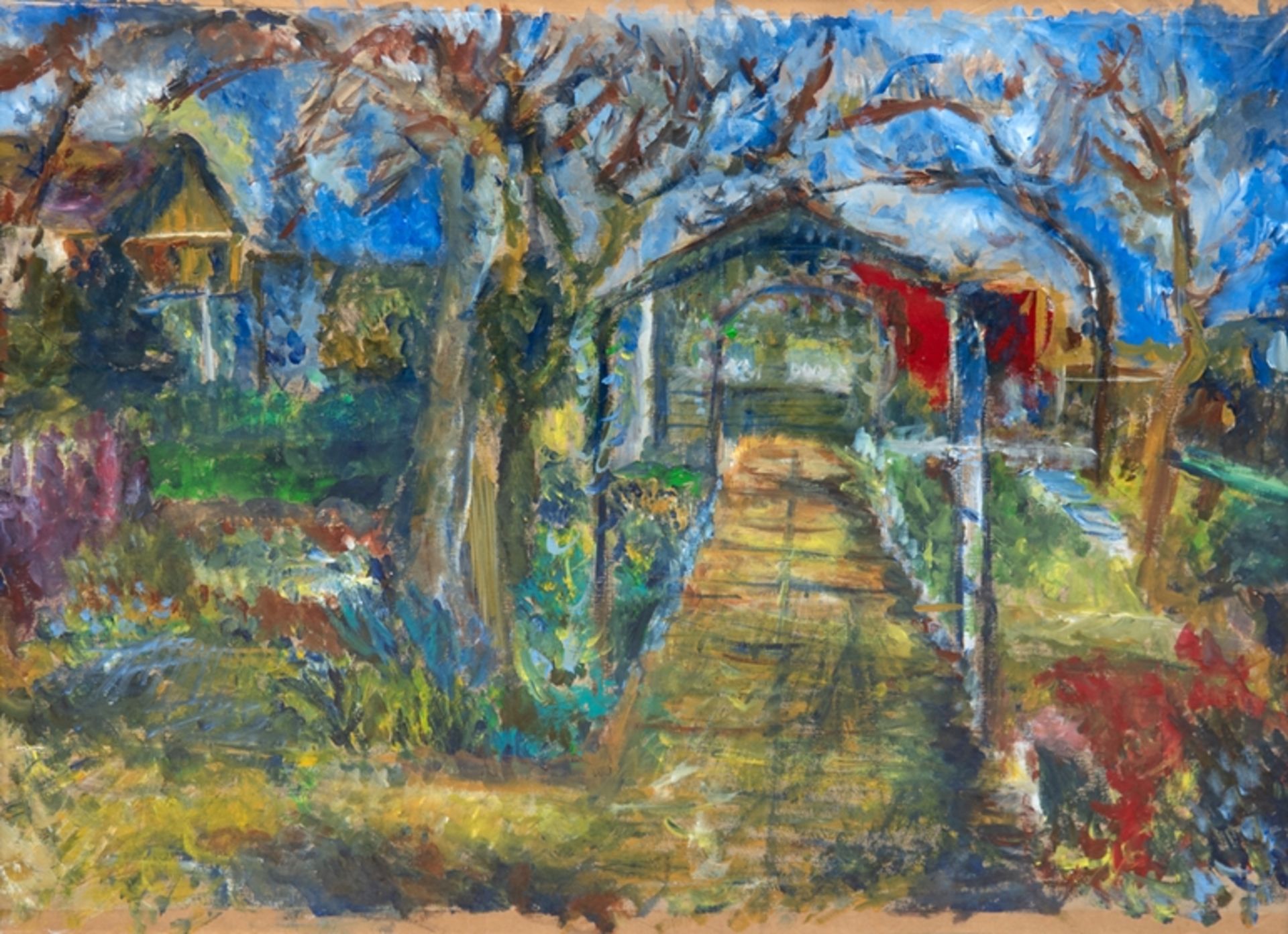 Boffin, Pierre (1907 Aachen-1992 Voerde) "Mein Gartenhaus", Öl/ Papier, unsign., 52x65 cm, hinter G