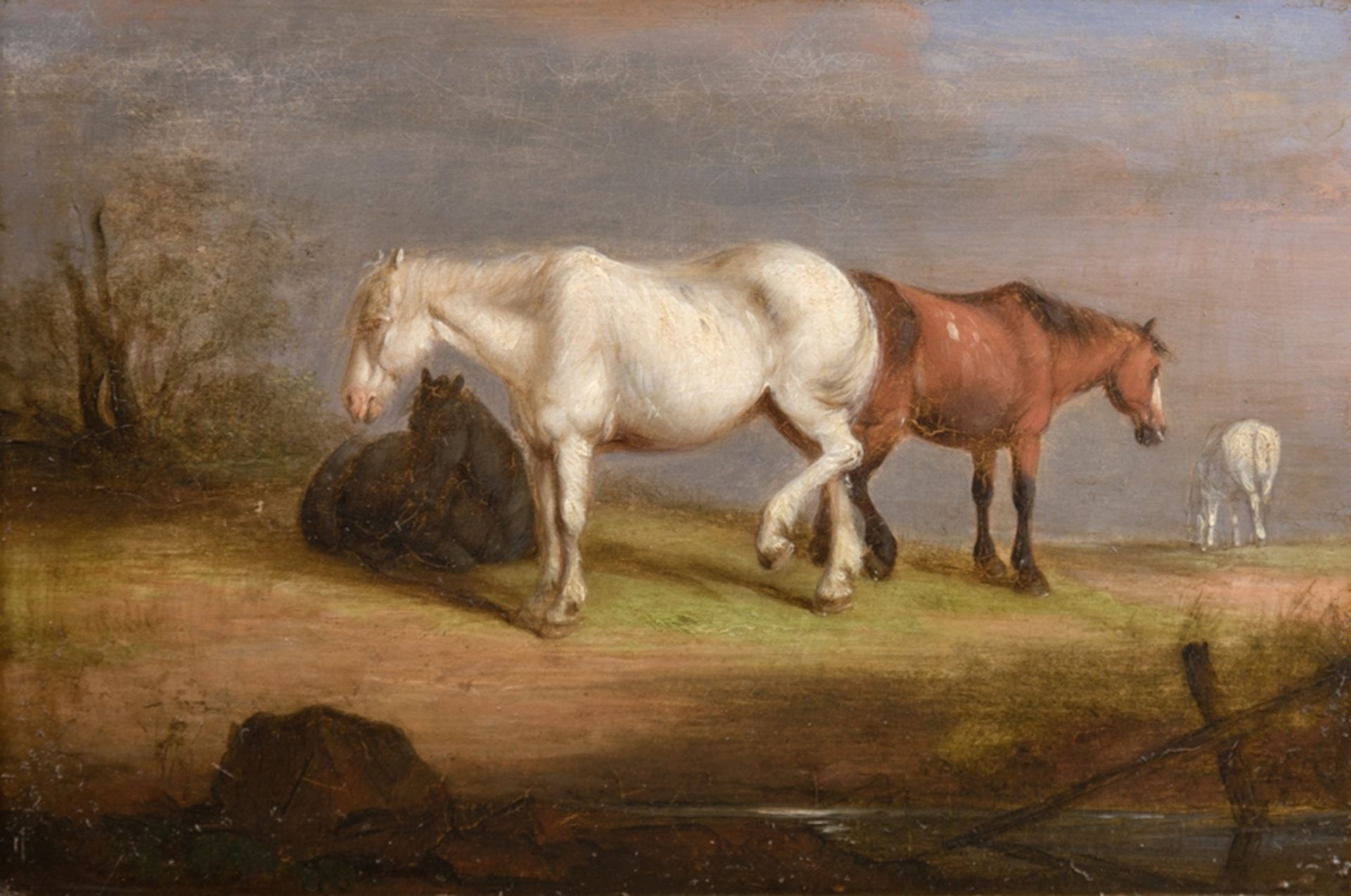 Tiermaler (Mitte 19. Jh.) "Pferde auf der Weide", Öl/Mp., unsign., 14x20,5 cm, im Rahmen der Zeit - Image 2 of 3