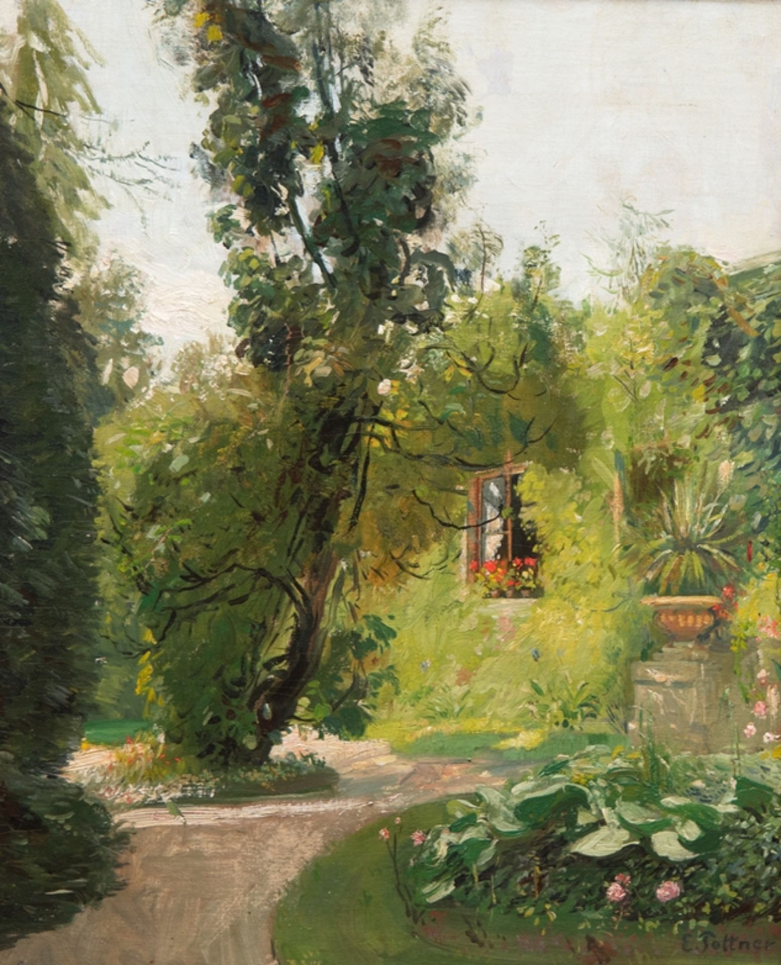 Pottner, Emil (1872 Salzburg-1942 Minsk) "Villa im Garten", Öl/ Hartfaser, 49x39 cm, Rahmen (Pottne