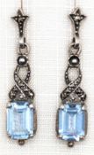 Ohrhänger im Art-Deco-Stil, 925er Silber, mit facettiertem Blautopas und Markasitenbesatz, L. 3,0 c