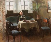 Maler um 1910 "Stubeninterieur mit lesendem Herrn", Öl/Lw., unsign., rücks. auf Keilrahmen bez. "Ka