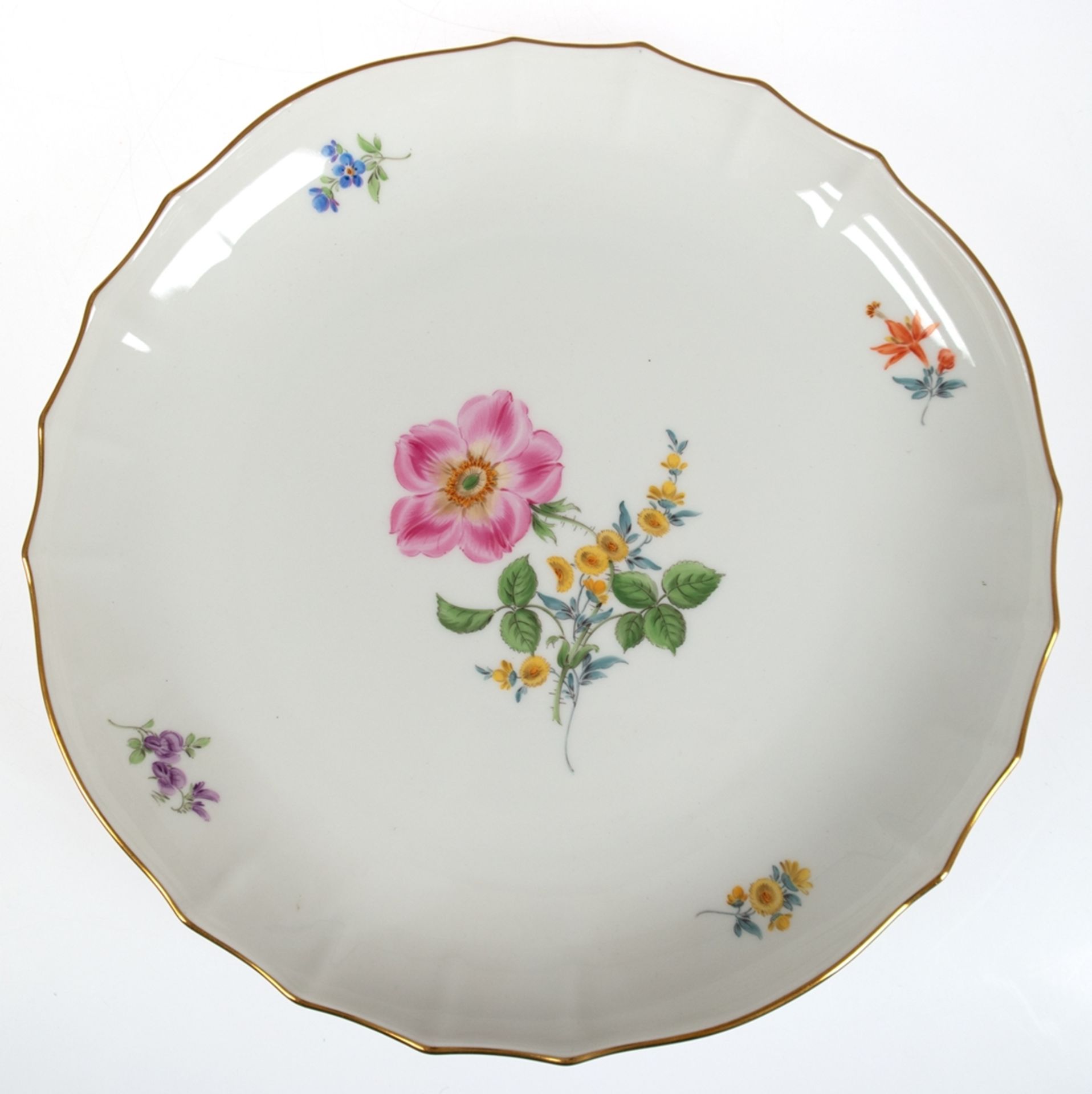 Meissen-Platte, Bunte Blume 2, mit Goldrand, runde Form, 1. Wahl, Dm. 27,5 cm