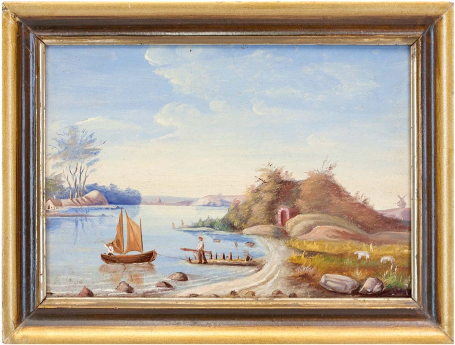 Landschaftsmaler des 19. Jh. "Uferlandschaft mit Segelboot und Personenstaffage", Öl/Holz, unsign.,