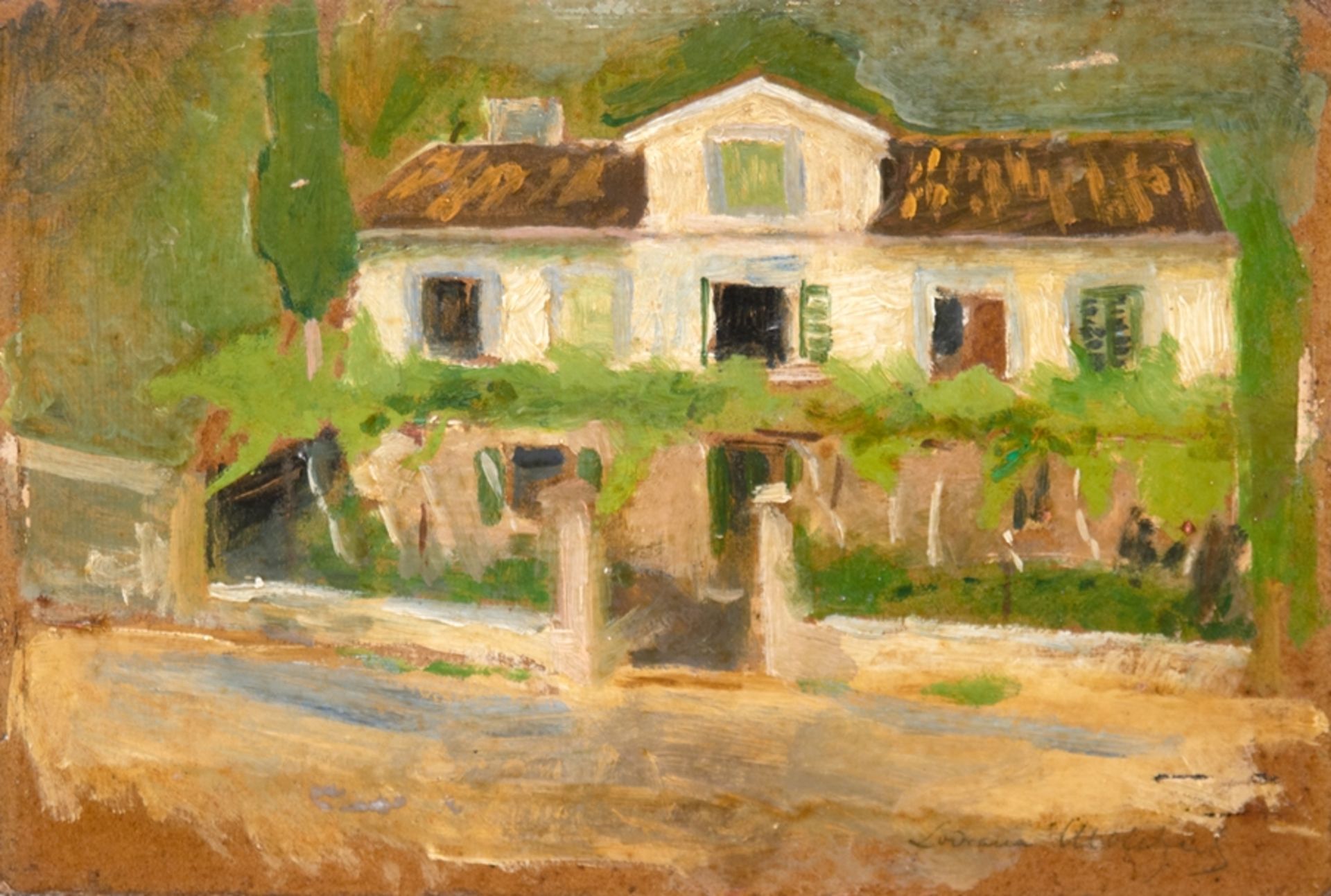 Unbekannter Künstler "Villa im Sommer", Öl/ Pappe, undeutl. sign. u.r., rückseitig betitelt, 22x30