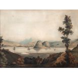 Landschaftsmaler 19. Jh. "Bergsee mit Segelbooten", Aquarell, unsign., 30x37 cm, hinter Glas und Ra