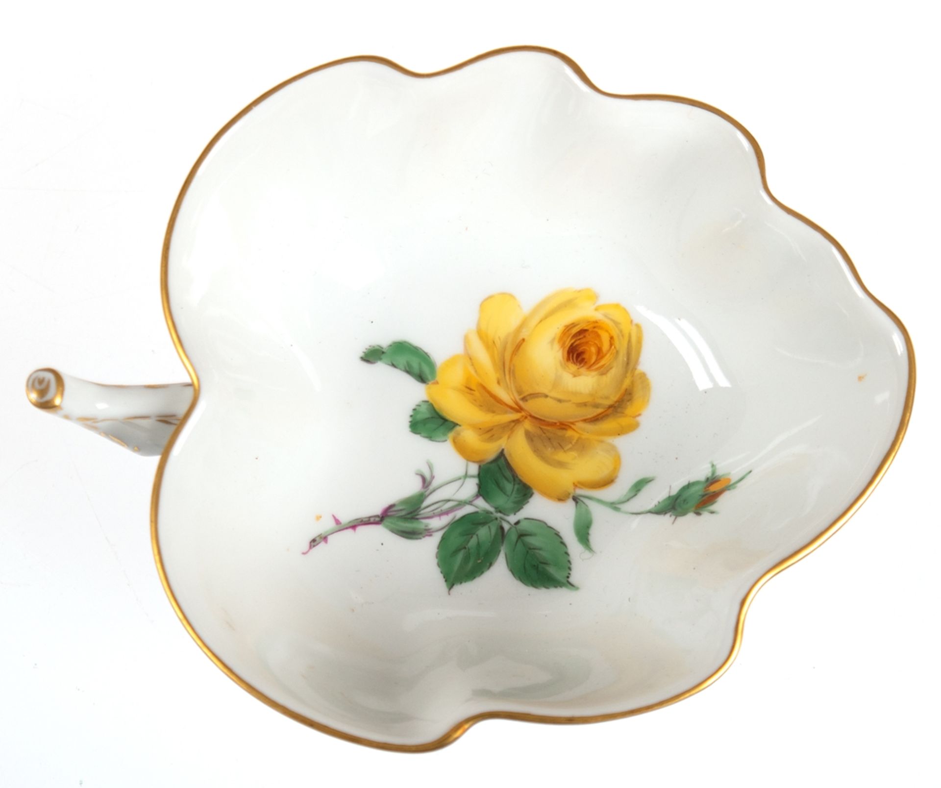 Meissen-Blattschale, mit Asthenkel, Gelbe Rose, 1 Schleifstrich, L. 13 cm